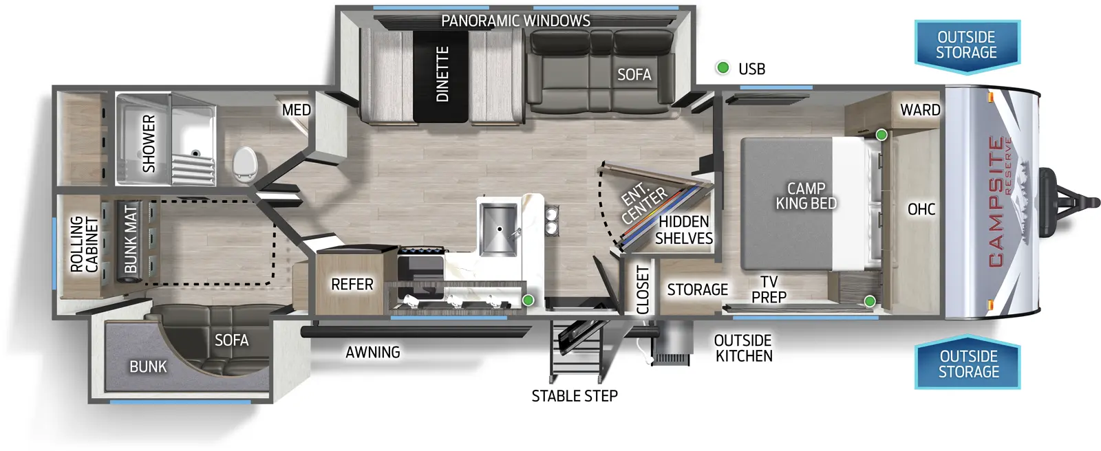 The Campsite Reserve 27MR floorplan has one entry and two slide outs. Exterior features include: metal exterior and outside kitchen. Interiors features include: bunk beds and front bedroom.